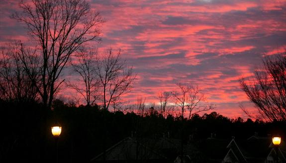 A purple sky at sunrise.