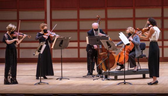 North Carolina Symphony members perform while wearing masks in September at Meymandi Concert Hall in Raleigh. Photo courtesy of the North Carolina Symphony.