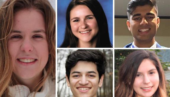 The Class of 2023 Trinity Scholars, clockwise from left: Avery Garmon; Lauren Howard; Mehul Jain; Victoria McReynolds; and Sebastián Sánchez.