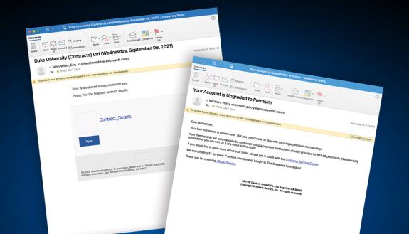 Two fake phishing emails. Images courtesy of Duke ITSO.