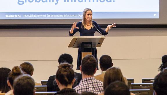 Teach for America founder Wendy Kopp advises students on using entrepreneurship to address social problems. Photo by Pilar Timpane