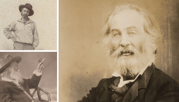 The many faces of Walt Whitman: Clockwise from Top: The 1855 Leaves of Grass portrait; Mathew Brady portrait of Whitman, ca. 1865; Whitman with a butterfly, ca 1877