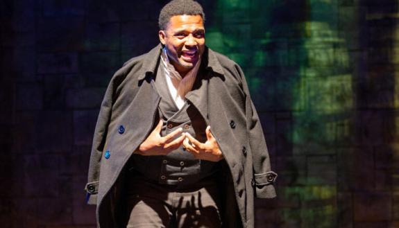 Mike Wiley in performance as Abraham Galloway. Photo by Trevon Carr.