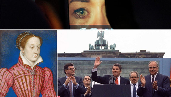 Top: An images from Alex Harris' "Our Strange New World." Bottom: Mary Queen of Scots; Ronald Reagan at the Berlin Wall.