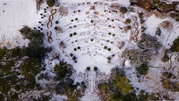 aerial photo of snow covering Duke Gardens.