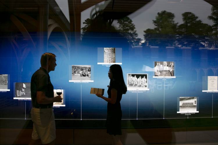 As they enter the center, visitors will find a large touchscreen wall that includes a Duke historical timeline.