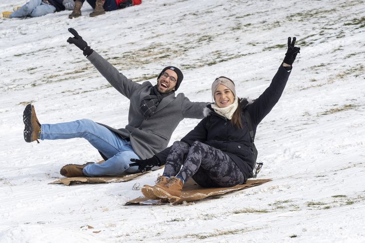 Students brought the sleds out on West Campus Saturday.