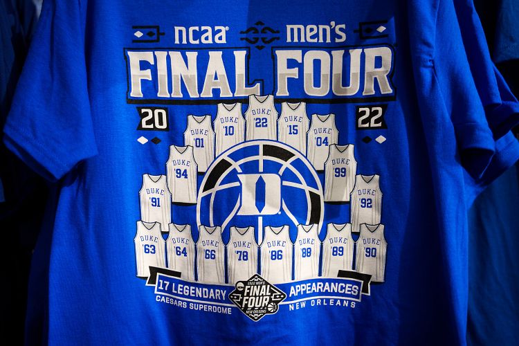 T-shirt with images of shirts for each Final Four Duke Men's Basketball has competed in