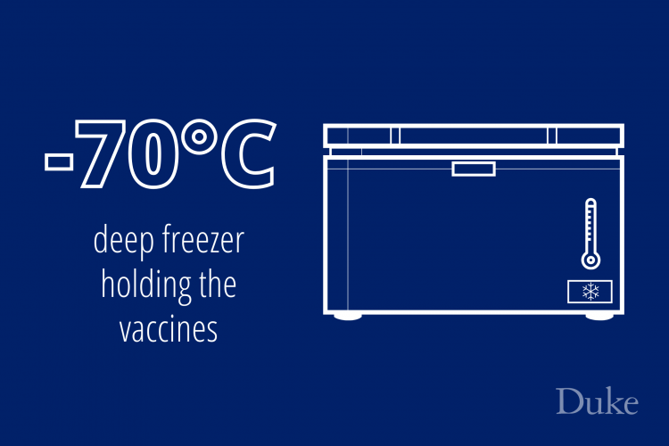 An infographic showing that the vaccines must be kept in deep freezers set to -70 degrees Celsius. 