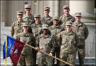 The 10 Commissioning MS4s in Duke’s Army ROTC program from the Class of 2022. Bottom row: Erin Butcher, Breeanna Perry, Elizabeth Rooks; Middle row: Callista Scholer, Elena Rippeon, Chayil Townsend, Austin Connors; Top row: Addison Bechtler, Gillian Fedor, Michael Moserowitz