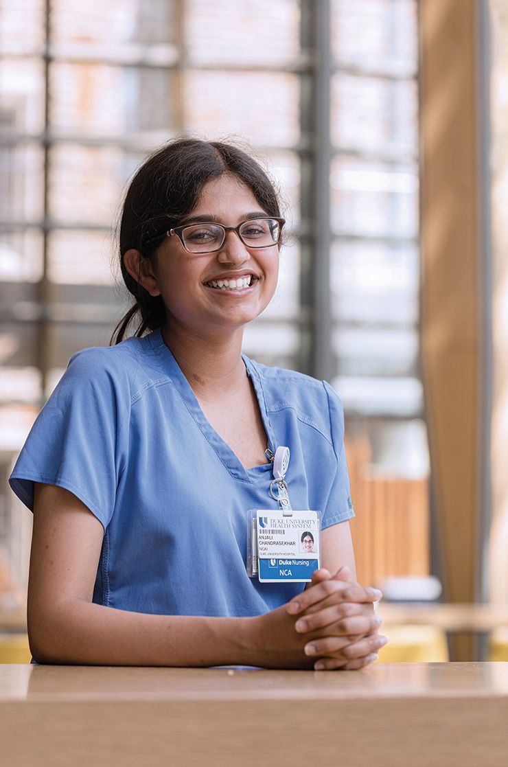 Surrounded by committed caregivers at Duke University Hospital, Anjali Chandrasekhar is gaining invaluable experience. Photo by Justin Cook.