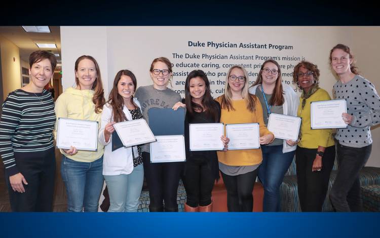 Jacqueline Barnett, second from right, stands with students who were honored with certificates of appreciation in January 2020 for their roles in the fall Giving & Gratitude Campaign. Photo courtesy of Duke PA program.
