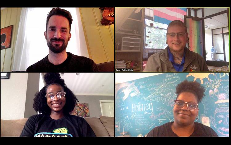 The Center for Sexual and Gender Diversity staff meet over Zoom. Top row, left to right: Nick Antonicci and Angel Collie. Bottom row, left to right: Hunter Roberts and Brittney Brown. Photo courtesy of Hunter Roberts. 