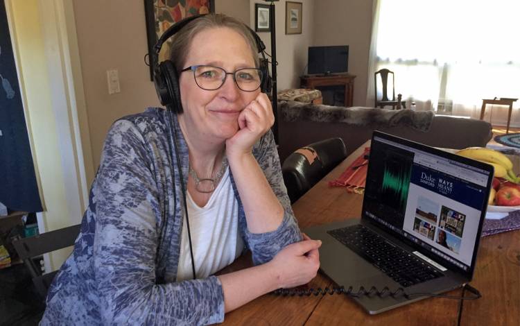 Carol Jackson listens to the Sanford PubPol Jamz playlist while working from home. Photo courtesy of Carol Jackson.