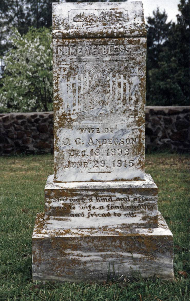 A gravestone honors Jane Anderson in the Rigsbee Family Graveyard. Photo courtesy of Duke University Archives.