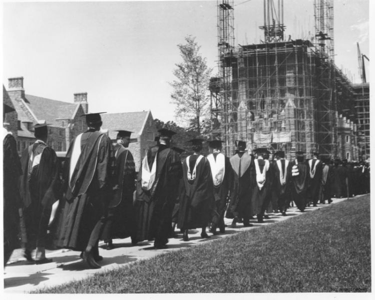 At the 1931 commencement, the Duke Chapel seen here was not yet completed. By that time, faculty and administration had already moved into their homes on Campus Drive. Photo courtesy of Duke University Archives.