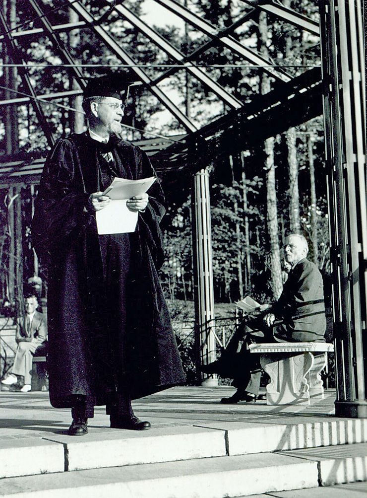 President William Preston Few speaks at the opening of Sarah P. Duke Gardens. Photo courtesy of Duke University Archives.