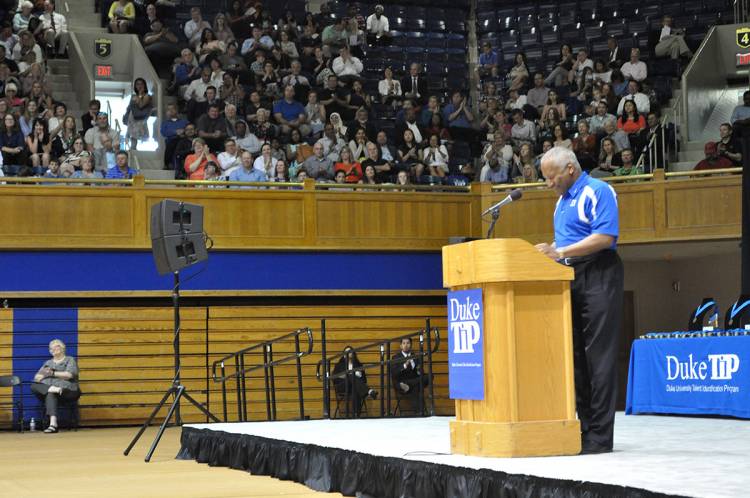 Always able to treat an audience with humor and empathy, Phail Wynn spoke at many Duke and community events. Here he talks with Duke TIP graduates in 2017.