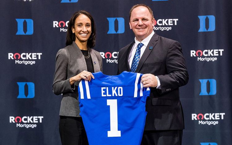 In December, Nina King, left, hired Mike Elko as the new head coach for the Duke football team. Photo courtesy of Duke Athletics.