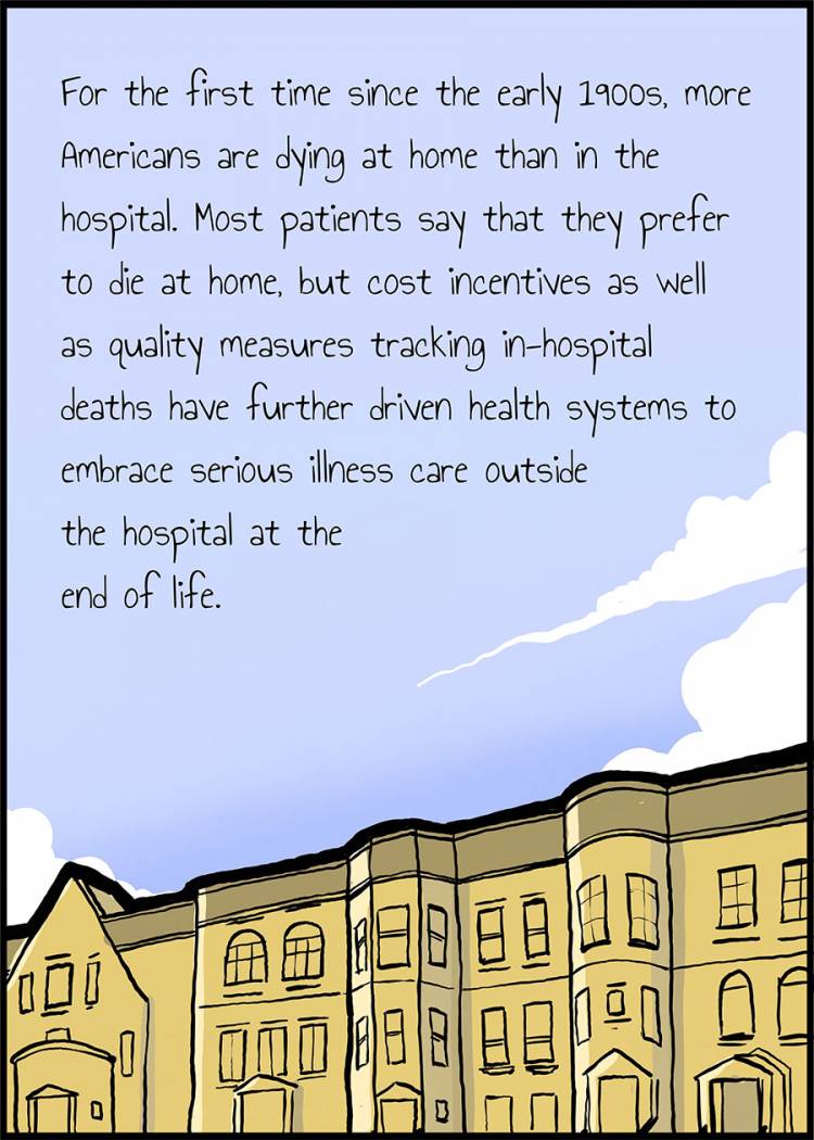 Today, more Americans are dying at home than in the hospital. Most patients prefer it, but cost incentives as well as quality measures tracking in-hospital deaths have further driven health systems to embrace hospice care at home.