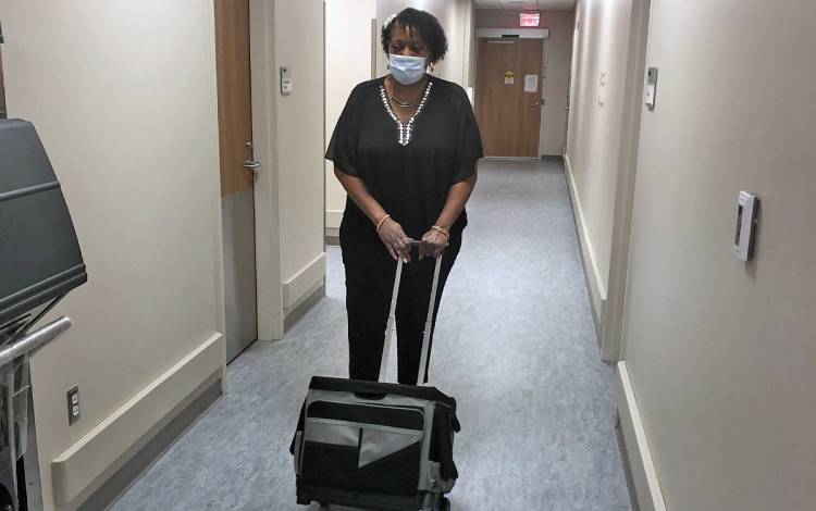 On Monday afternoons, Faye Woods packs a bag to ensure she has all equipment needed for in-person work on Tuesday. Photo courtesy of Faye Woods.