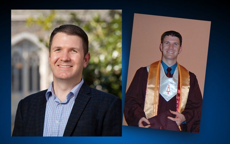 On the left, present day Aaron Franklin on campus. On the right, Franklin celebrates graduation day at Arizona State. Photos courtesy of Aaron Franklin.