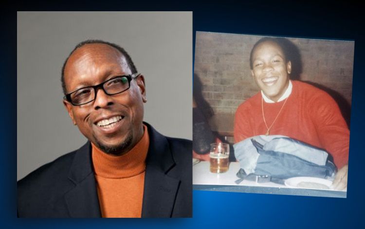 On the left, ames B. Duke Distinguished Professor of African and African American Studies Mark Anthony Neal. On the right, a smiling photo of Neal during his first year of college. Photos courtesy of Mark Anthony Neal.