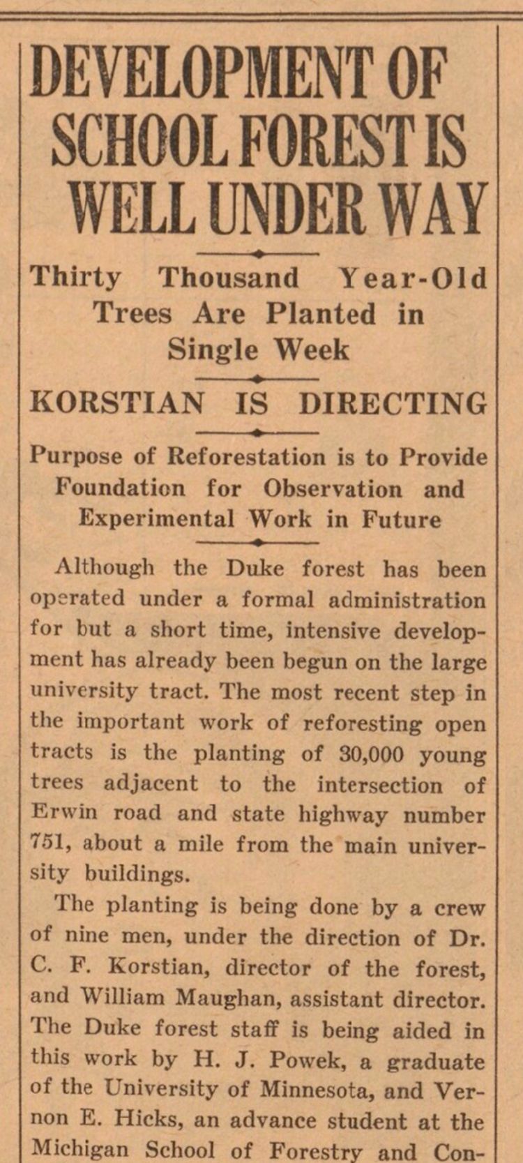 A story in the February 4, 1931 edition of the Duke Chronicle updates the progress in Duke Forest. Image courtesy of Duke University Archives.
