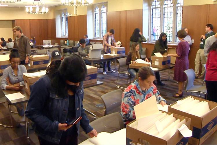 Students in the Health Humanities Lab collect information from Duke Library collections.