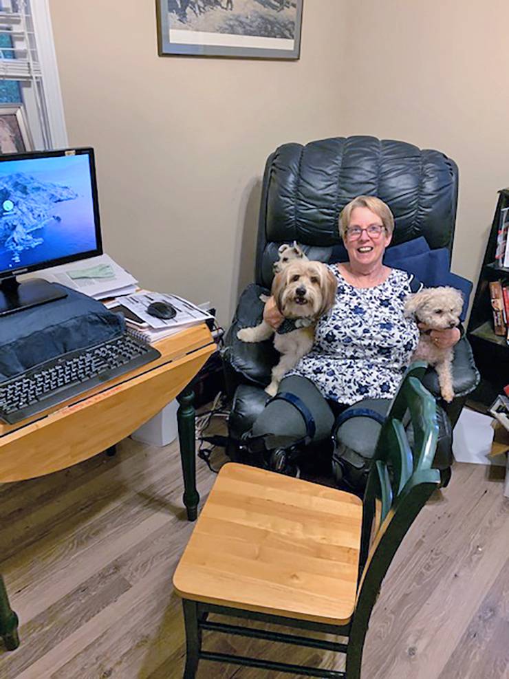 While working from home, Jennifer Frazier of the Duke Human Resources Information Center gets plenty of time with furry companions Breezy, front left, Lexi, right, and Winifred, left rear. Photo courtesy of Jennifer Frazier. 