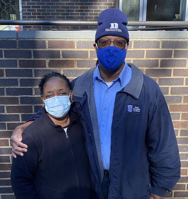 Duke staff members Valerie and Larry Gill continue to wear masks after receiving the COVID-19 vaccine. Photo courtesy of Valerie Gill.