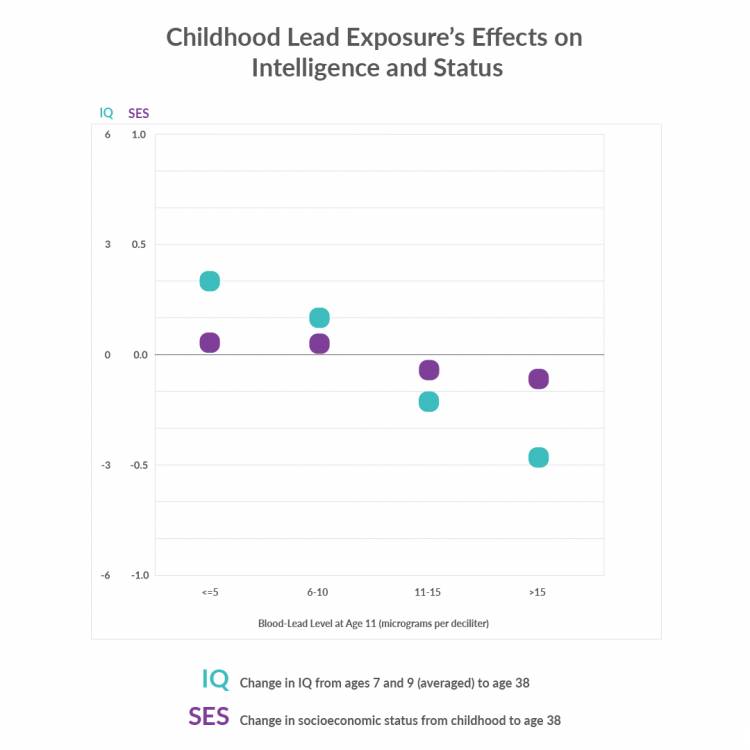 People screened for blood-lead level at age 11 and IQ-tested in childhood and at age 38, reveal an association between childhood lead exposures and a decline in IQ. Higher doses led to greater losses. Adapted from: JAMA, 2017;317(12):1-8 