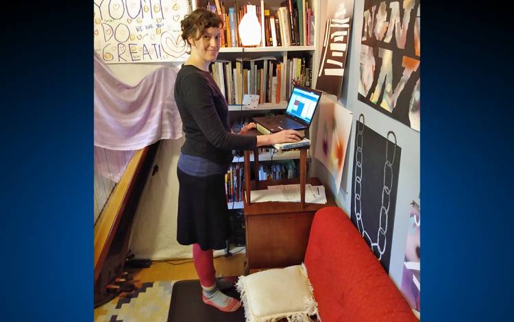 Lucy VanderKamp works from her makeshift standing desk at home. Photo courtesy of Lucy VanderKamp.