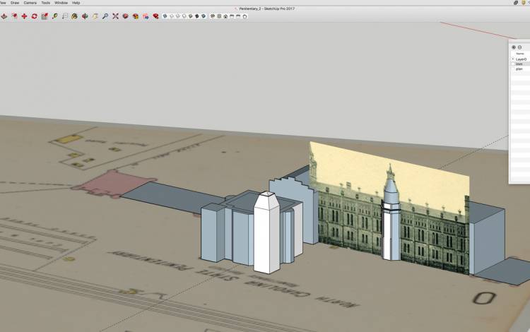 Students working on the Digital Public Buildings in North Carolina project create a digital sketch of Raleigh's Central Penitentiary. Photo courtesy of Paloma Rodney.