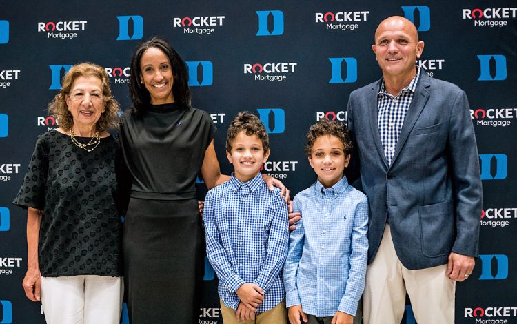 Nina King, second from left, with members of her family when she was introduced as the first woman to serve as athletics director at Duke. Photo courtesy of Duke Athletics.