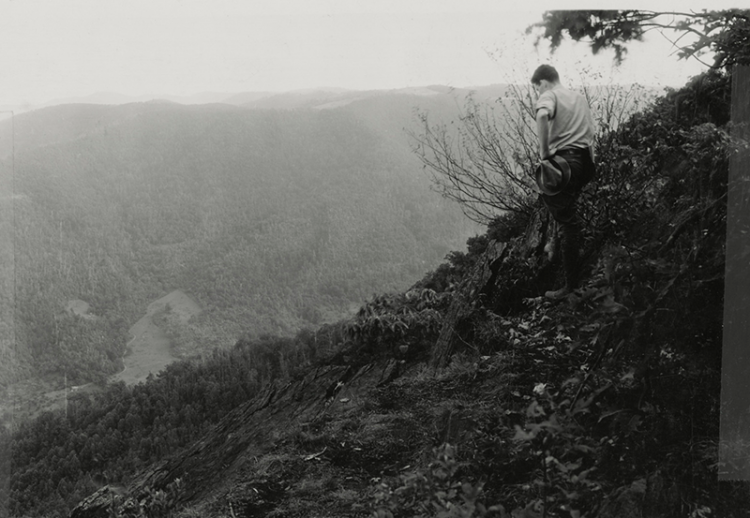 A parkway planner, Stanley Abbot, looks out on Rock Castle Gorge from the top of Rocky Knob in the 1930s (Photo: National Park Service)