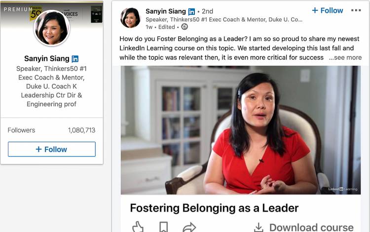 Sanyin Siang shares her new LinkedIn Learning course on her LinkedIn profile.