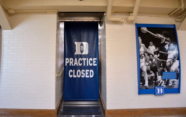 Drapes in the entryways allow the Duke men's basketball team to practice in private. Photo by Stephen Schramm.
