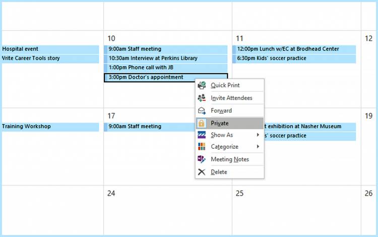 An Outlook calendar entry with the private option highlighted.