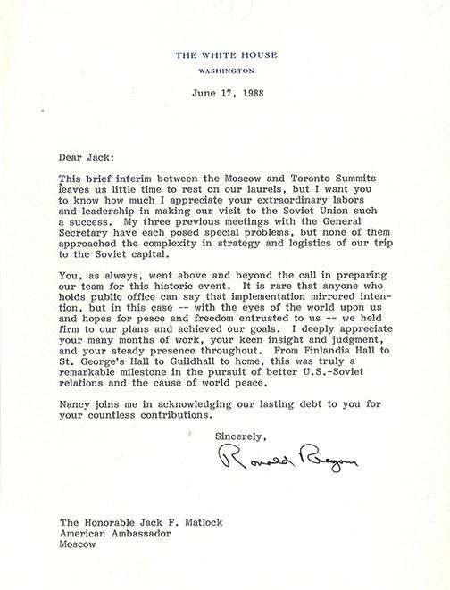 A personal letter from President Reagan to Jack Matlock.