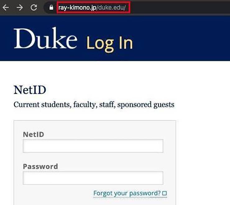 A phishing attack mimics the appearance of a secure Duke log-in page. Notice the link at the top is not a duke.edu address. Photo courtesy of the Duke IT Security Office.