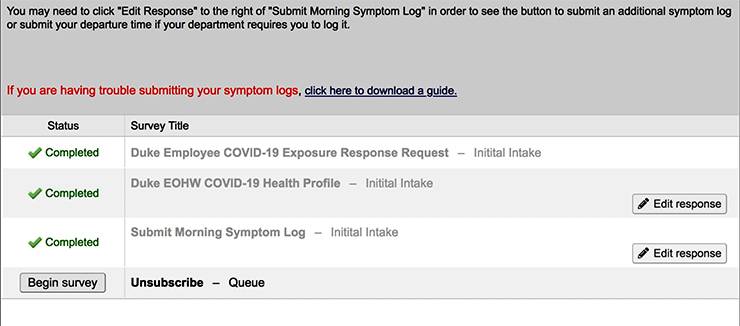 Duke employees will need to fill out a symptom monitoring form each day they work on campus.