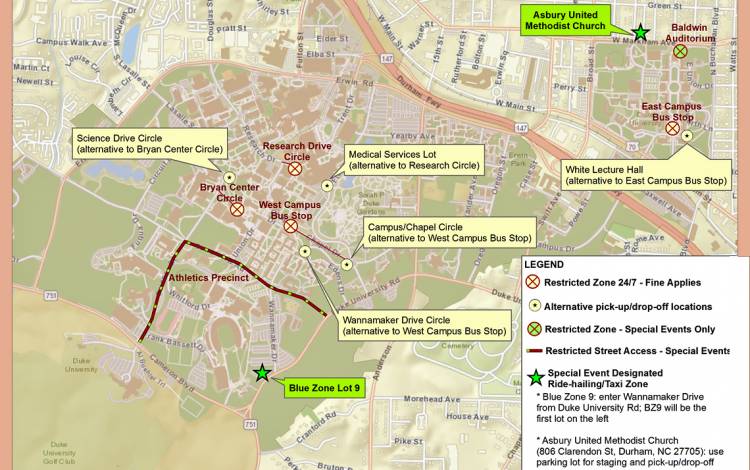 A map of restricted areas on campus for pick-up/drop-off.