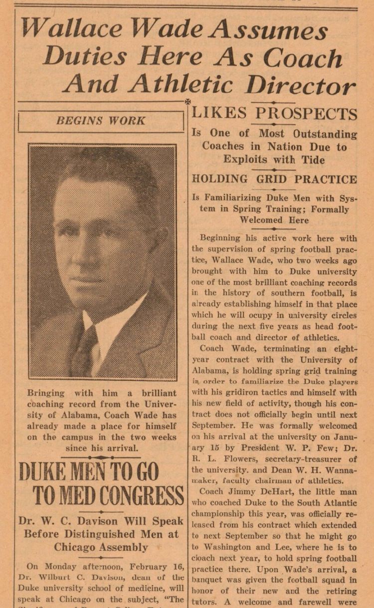 A story in the February 4 edition of The Duke Chronicle praises the hire of Wallace Wade. Image courtesy of Duke University Archives. in the February 4, 1931 edition of the Duke Chronicle updates the progress in Duke Forest. Image courtesy of Duke Univers