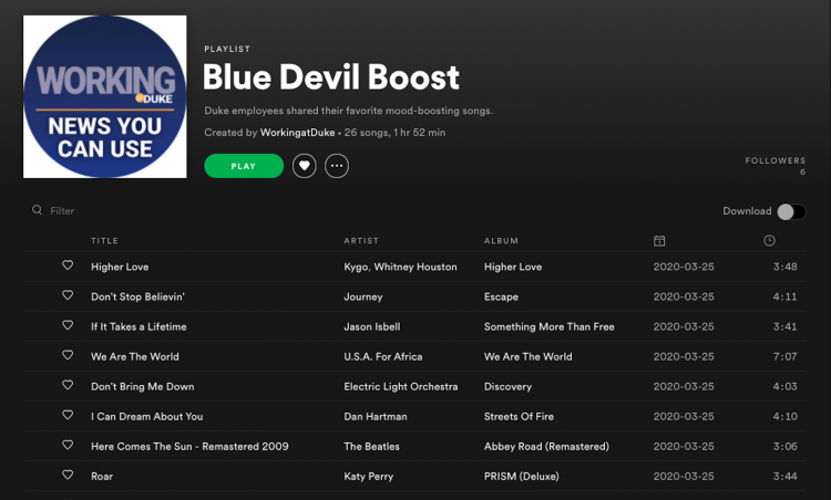 The Working@Duke playlist Blue Devil Boost features songs to lift your spirits.