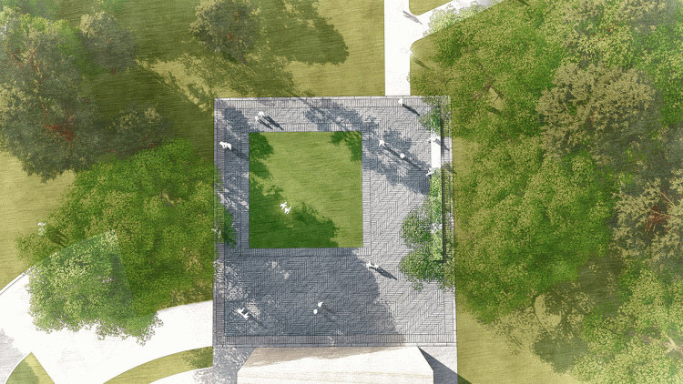 A bird's eye view of the outdoor arts space.