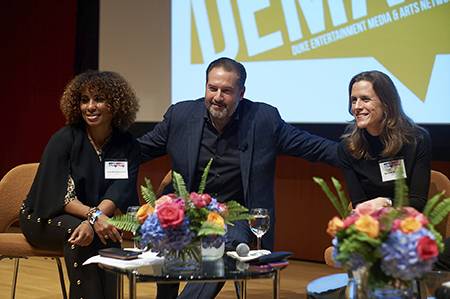 From left to right, Duke alumni Jennifer Baltimore, of Universal Music Group, James Schwab of Vice Media and Brooke Bowman of Fox Broadcasting Company at a 2018 DEMAN panel.