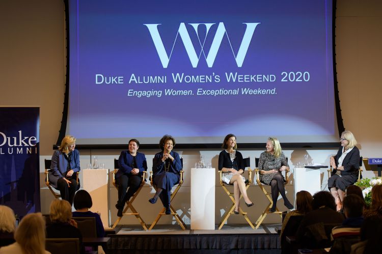 As part of the Duke Alumni Women’s Weekend in 2020, Janet Hill participates in a panel discussion called “The Leading Edge: Women of Duke’s Board of Trustees” on February 21, 2020. Left to right are trustees Ann Pelham, Amy Kramer, Janet Hill, Martha Mons