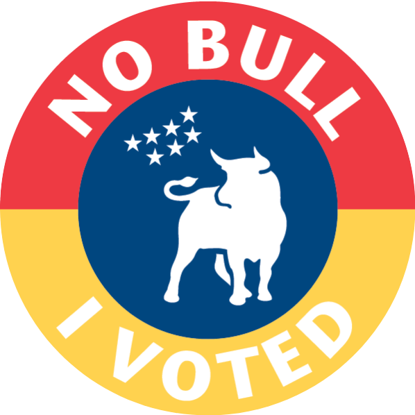 Durham Country voting sticker. In the center, in white, 7 stars that represent Durham are next to a bull image in a blue circle. Above the circle white text saying 