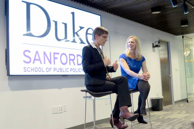 Sanford Dean Judith Kelley, in conversation with Amy Hepburn, discusses her vision for the school during a session with Duke alumni. Photo by Colin Colter Sanford Dean Judith Kelley, in conversation with Amy Hepburn, discusses her vision for the school during a session with Duke alumni. Photo by Colin Colter
